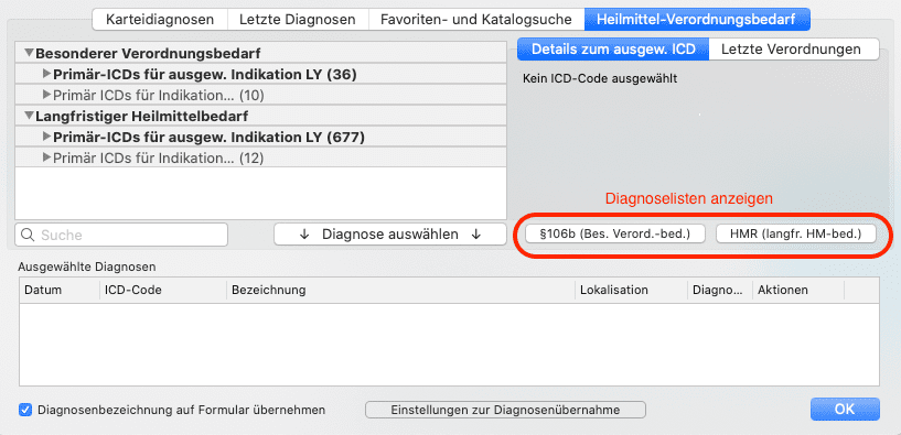 tomedo handbuch medikamenten und heilmittelbudget Diagnosenliste 1