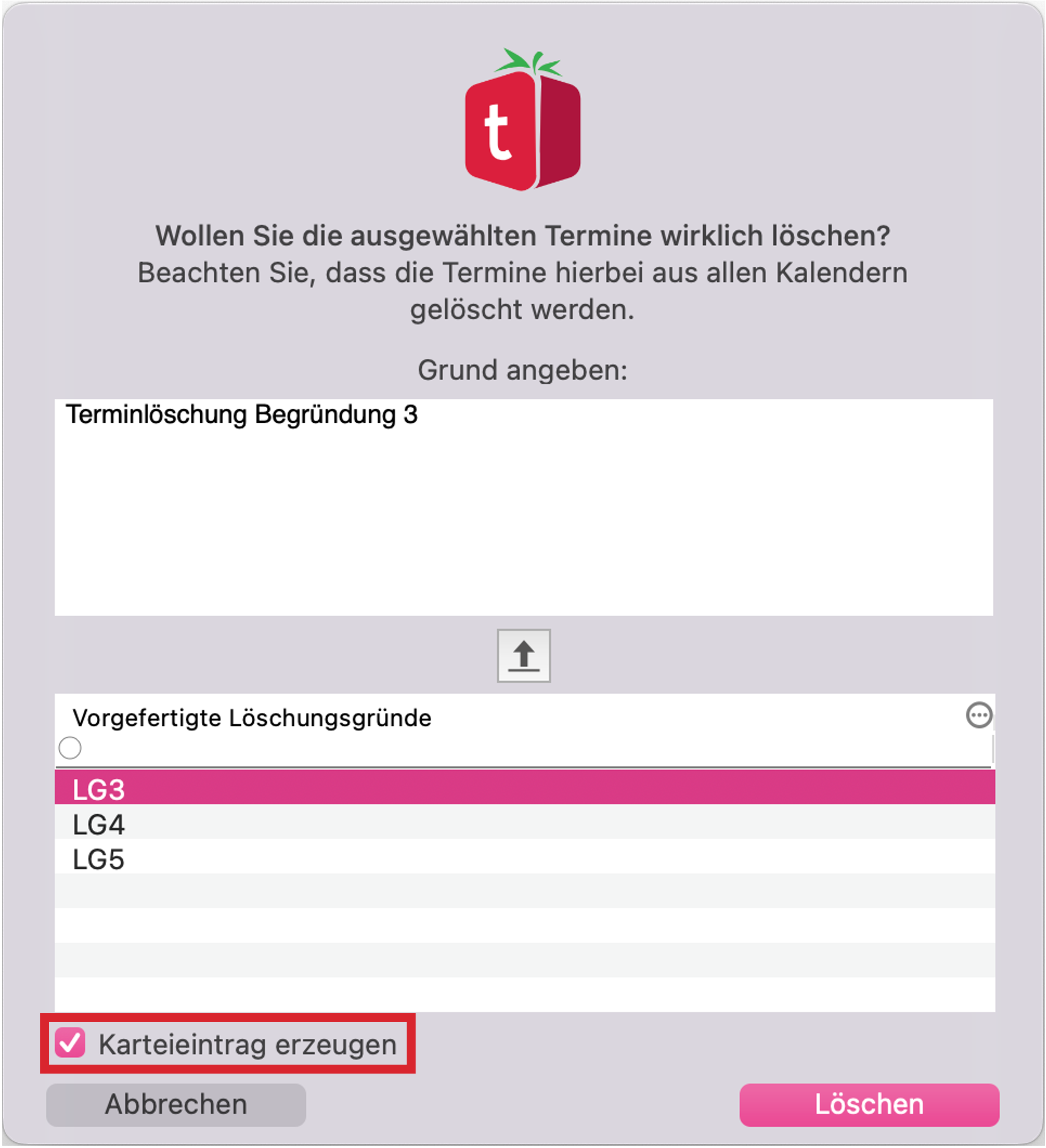 tomedo handbuch kalender terminloeschung loeschen dialog karteieintrag