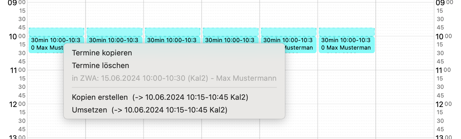 tomedo handbuch kalender kalenderfenster wiederholungstermine rechtsklick kopieren