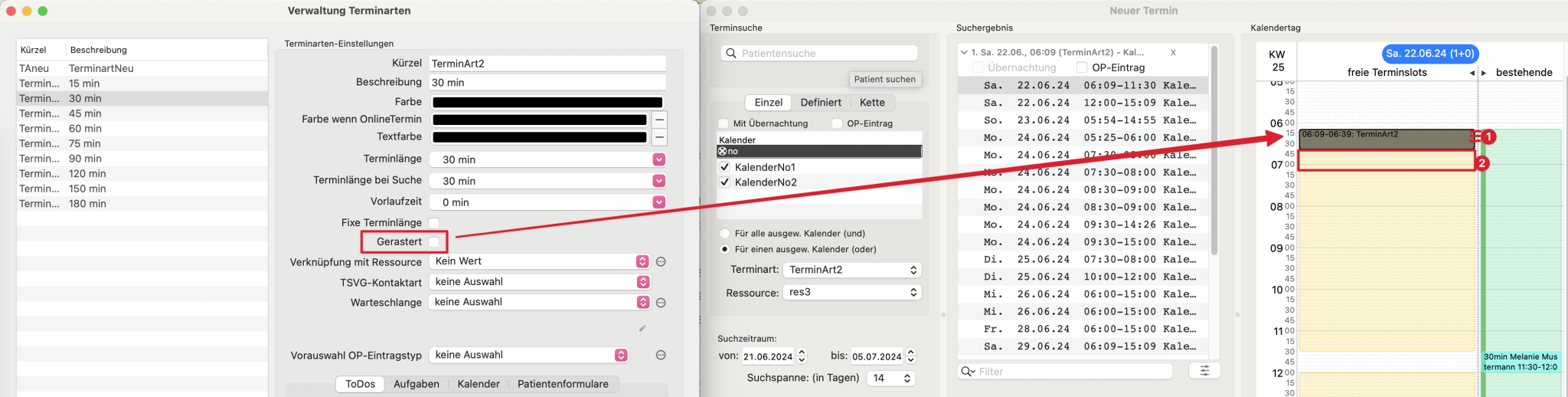 tomedo handbuch kalender terminart verwaltung gerastert terminsuche