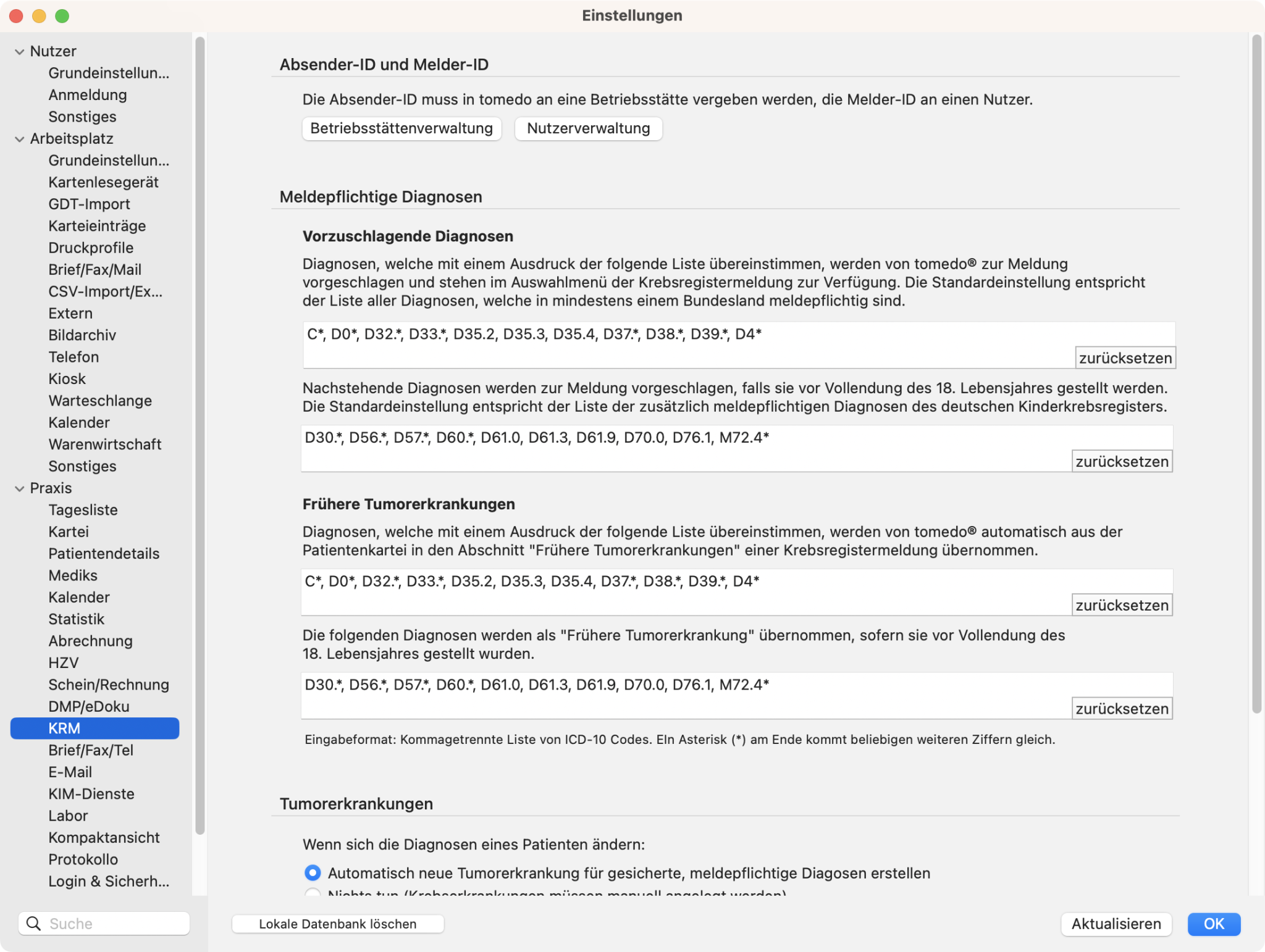 tomedo handbuch elektronische dokumentation krebsregister einstellungen