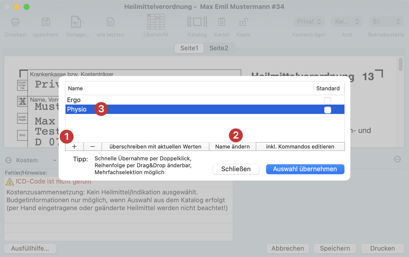 tomedo handbuch tipps formular verordnung physio ergo vorlage speichern