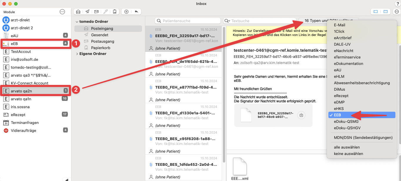 tomedo handbuch eEB KIM Mail Mailtypen