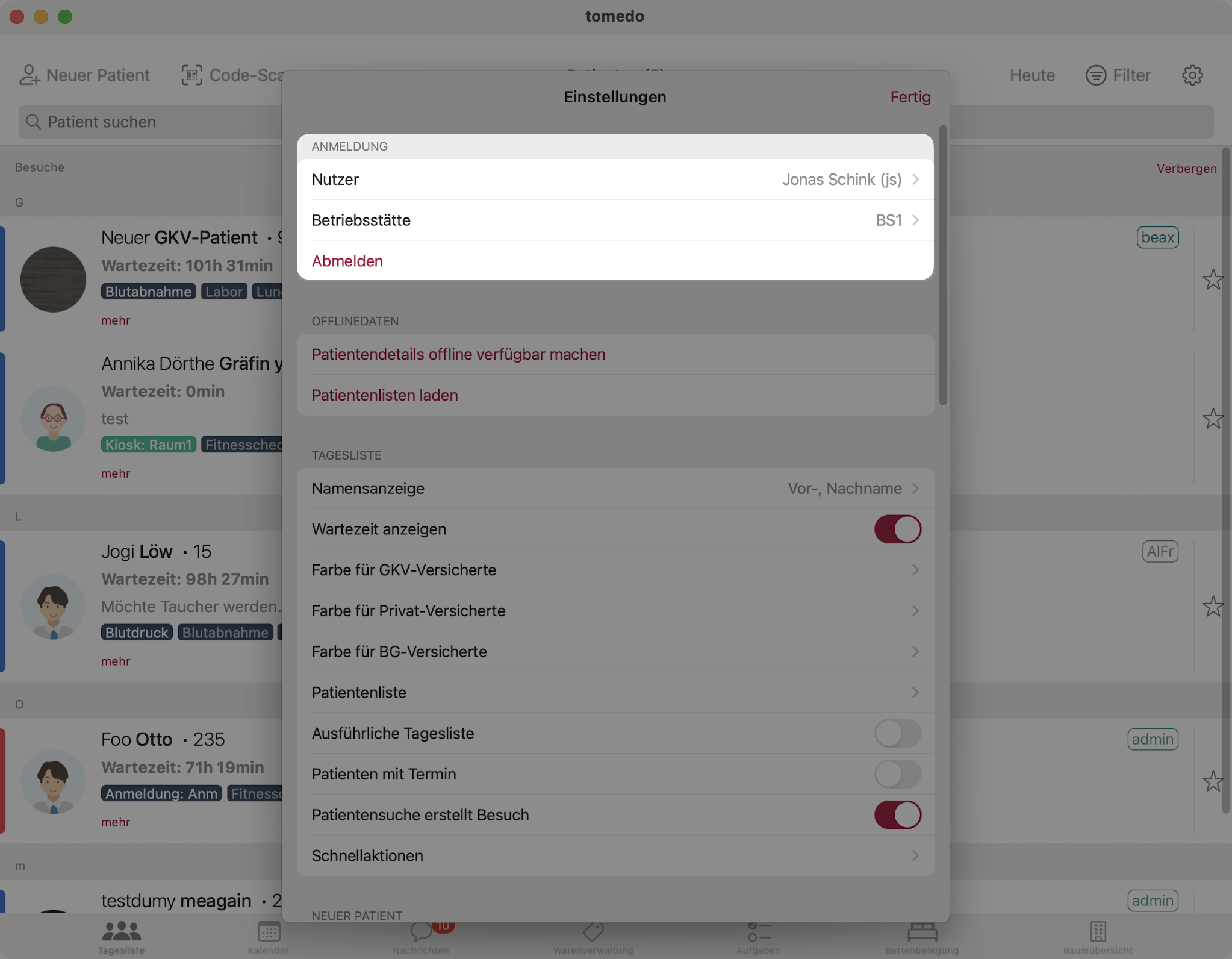 tomedo handbuch ios tagesliste einstellungen anmeldung