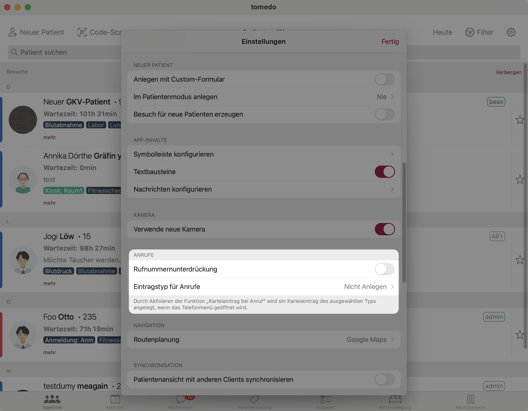 tomedo handbuch ios tagesliste einstellungen anrufe