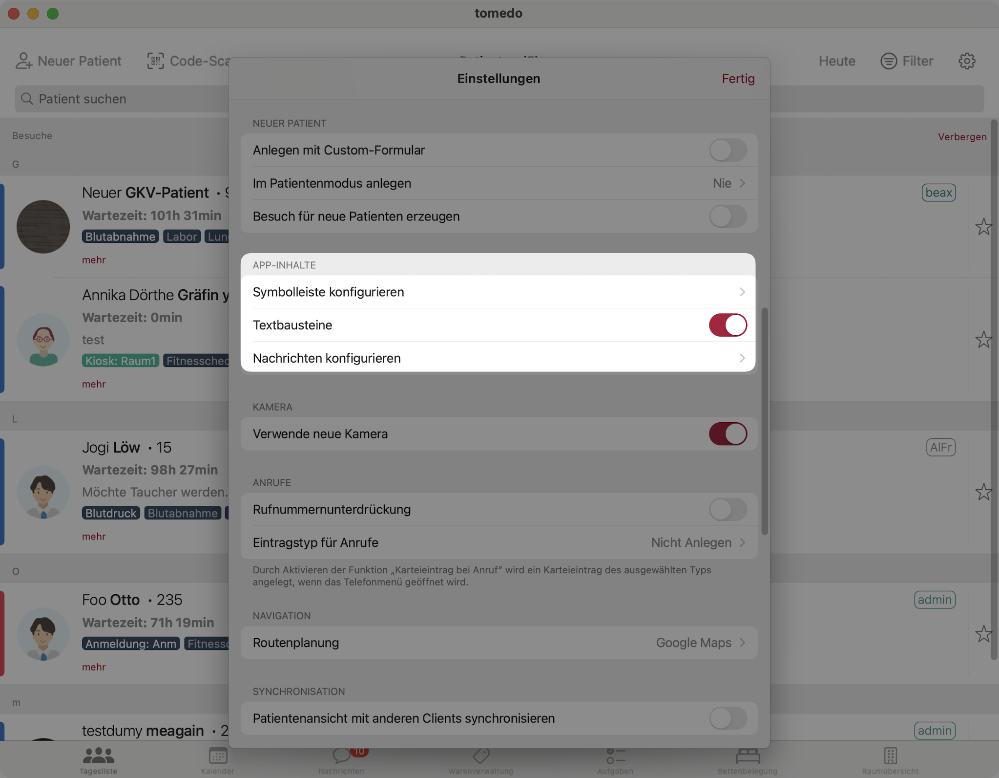 tomedo handbuch ios tagesliste einstellungen app inhalte