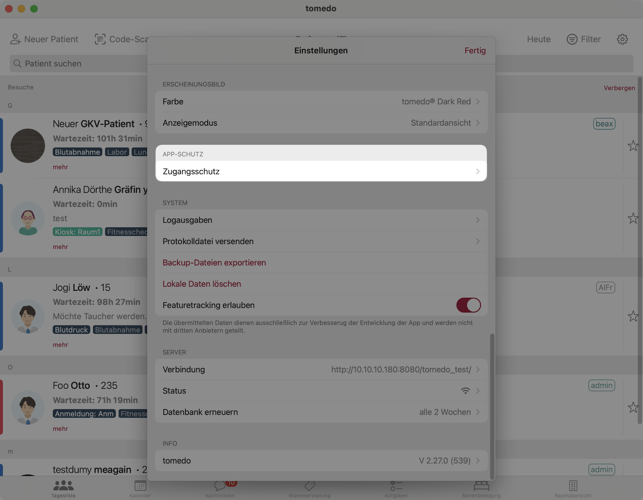 tomedo handbuch ios tagesliste einstellungen app schutz