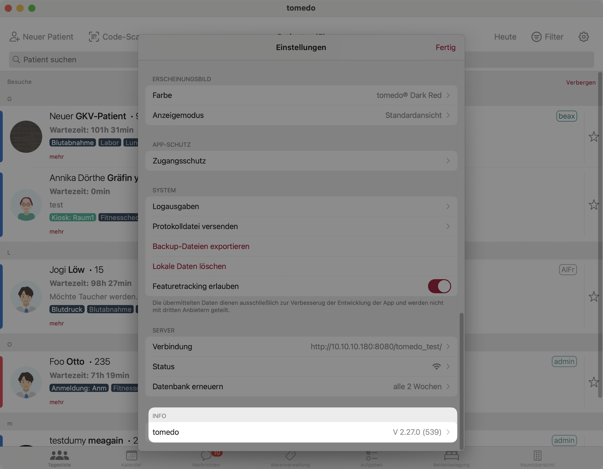 tomedo handbuch ios tagesliste einstellungen info