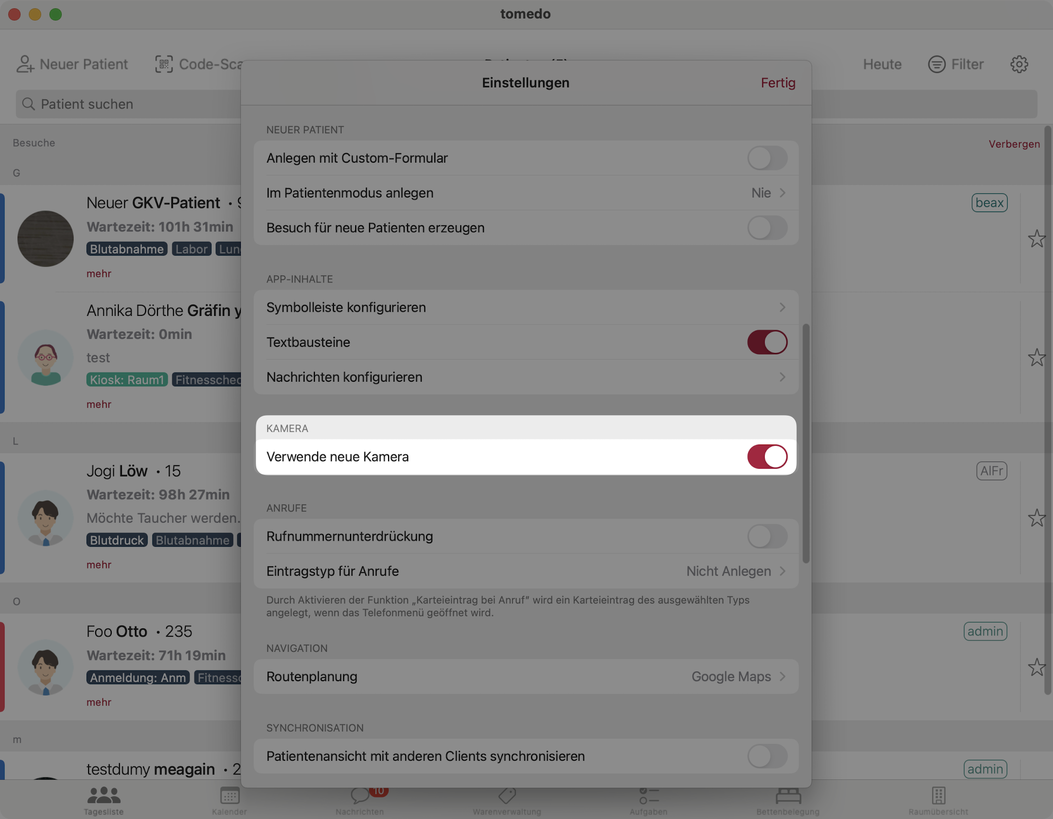 tomedo handbuch ios tagesliste einstellungen kamera