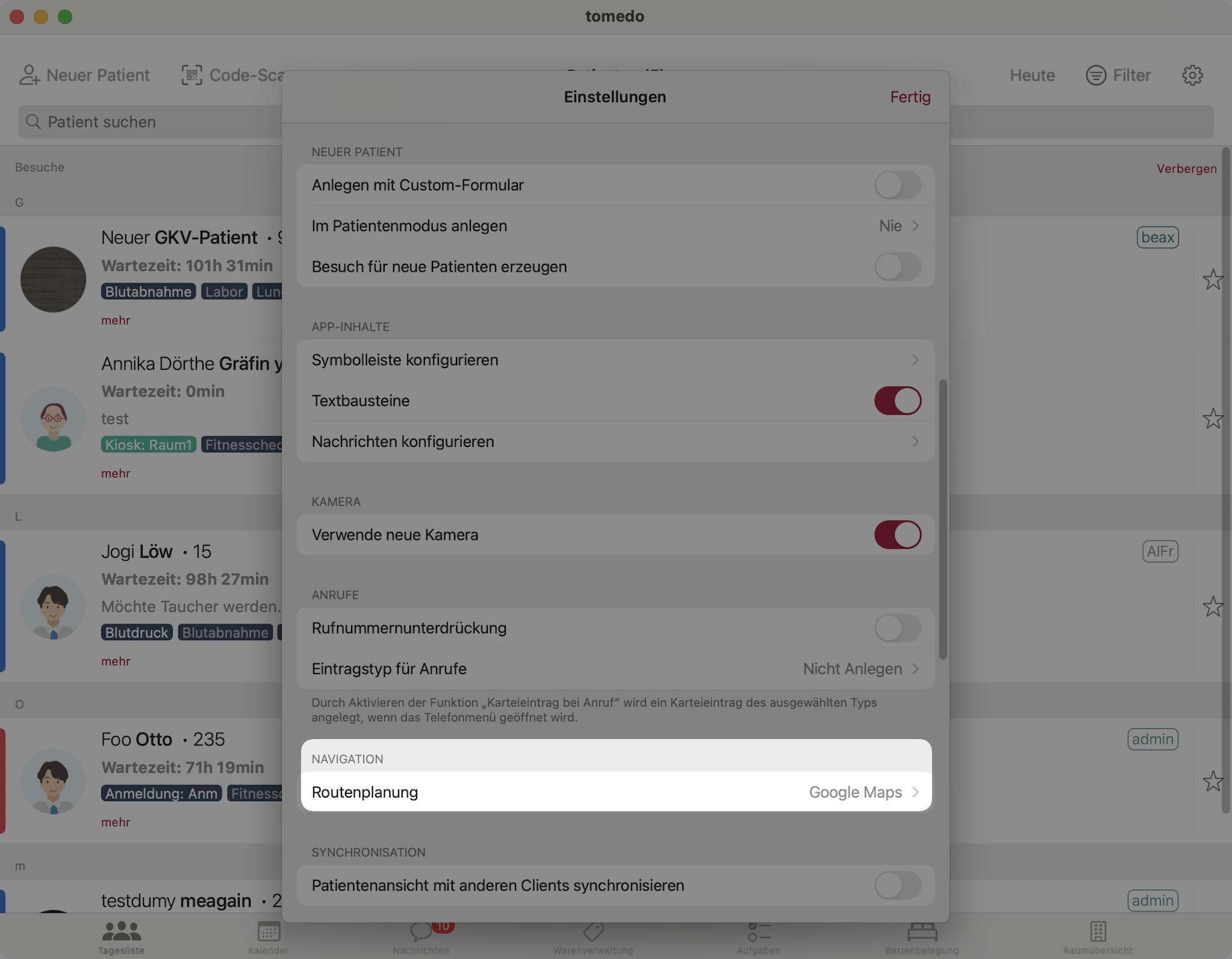 tomedo handbuch ios tagesliste einstellungen navigation