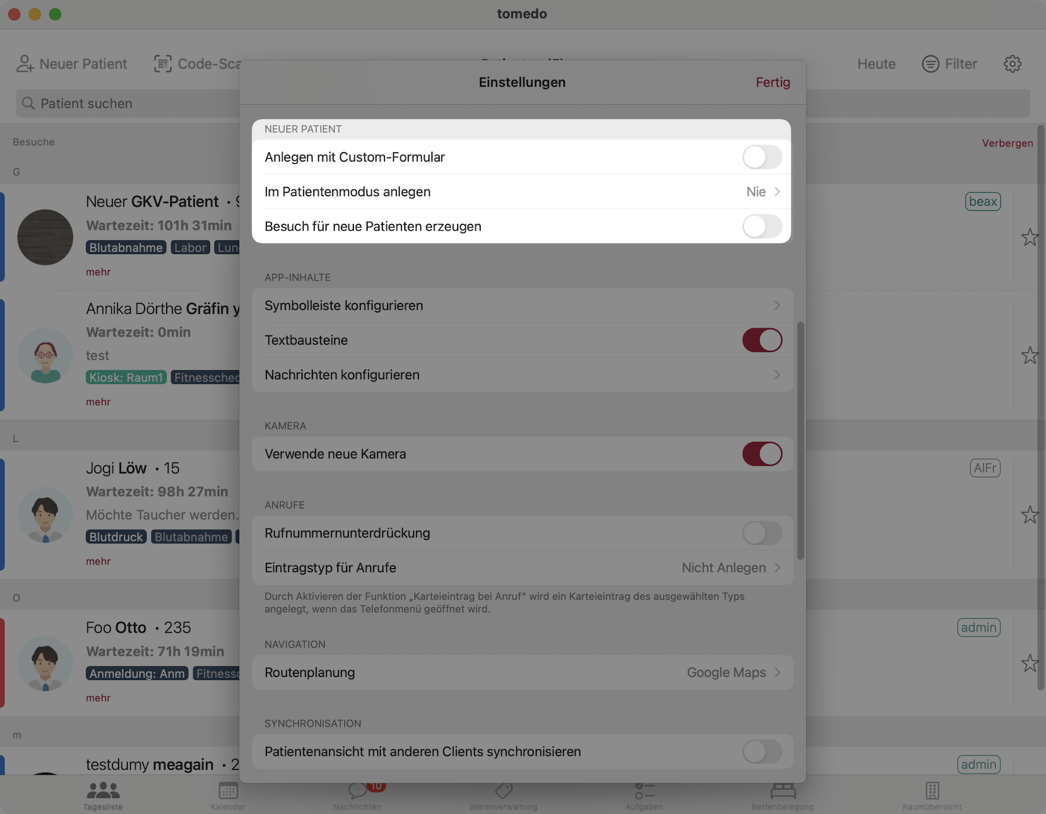 tomedo handbuch ios tagesliste einstellungen neuer patient