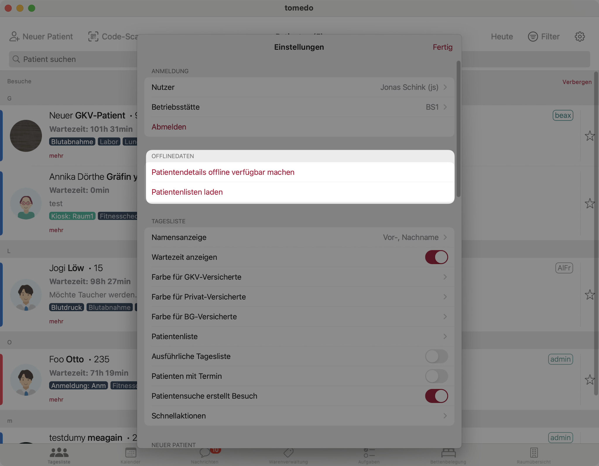 tomedo handbuch ios tagesliste einstellungen offlinedaten