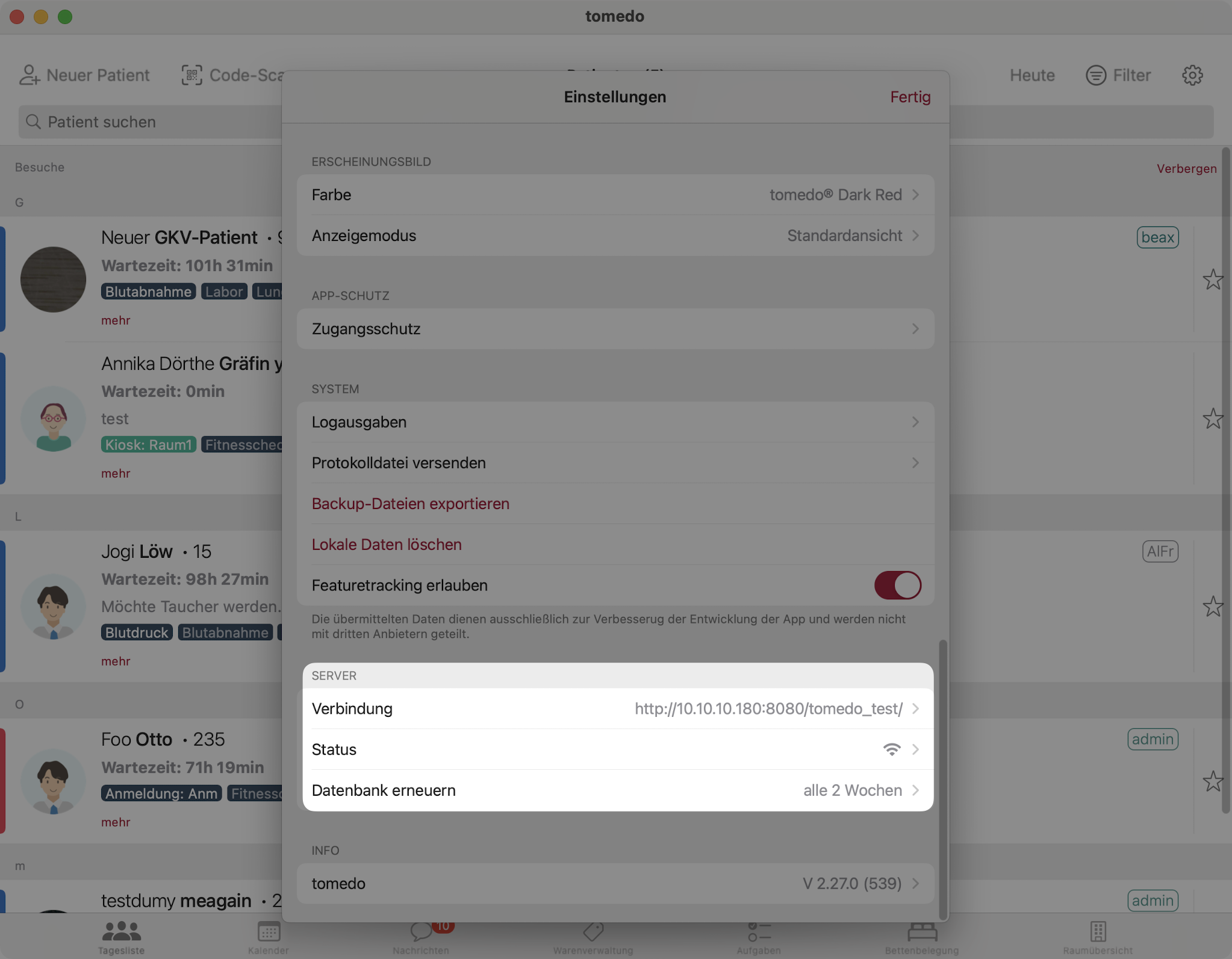 tomedo handbuch ios tagesliste einstellungen server