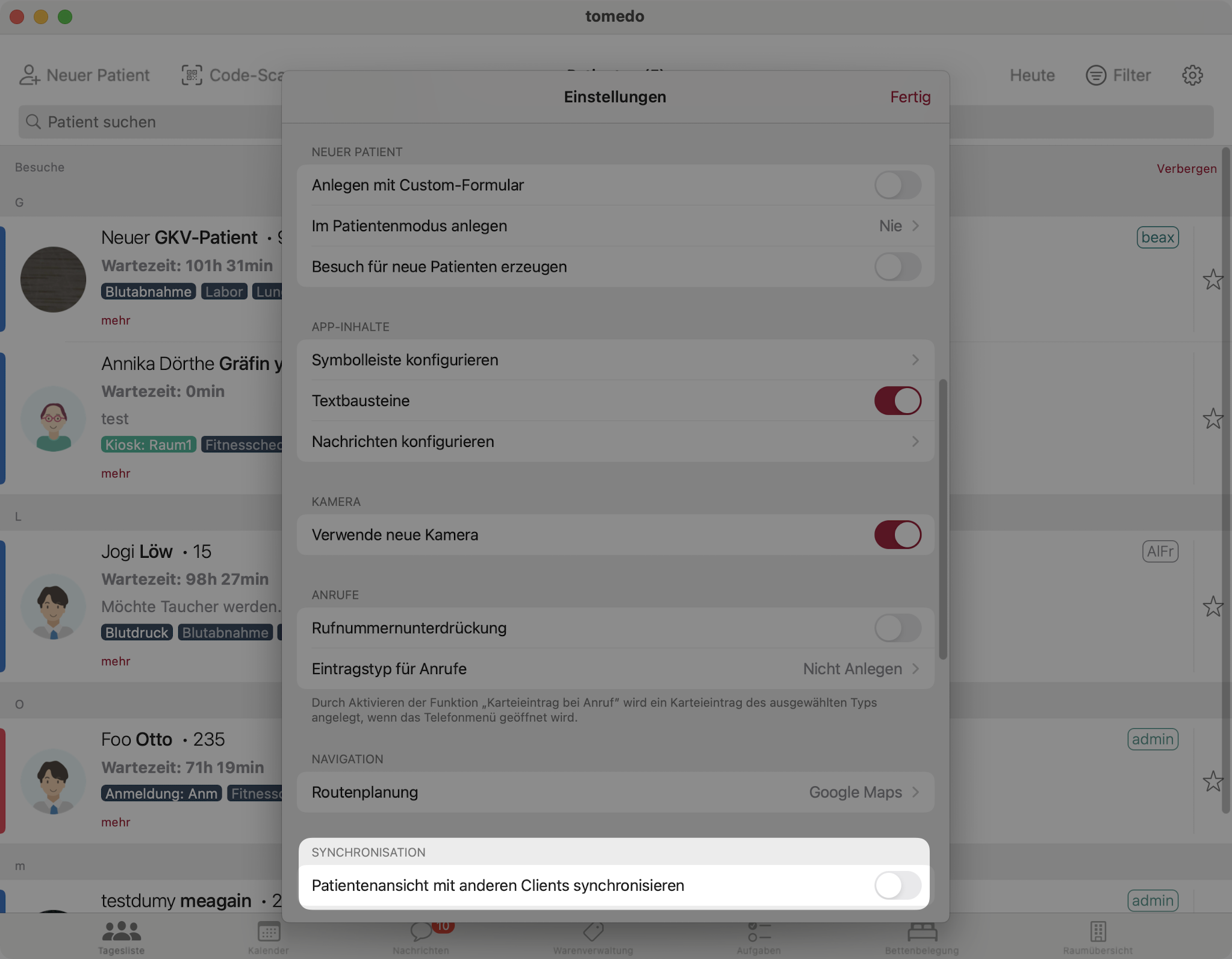 tomedo handbuch ios tagesliste einstellungen synchronisation