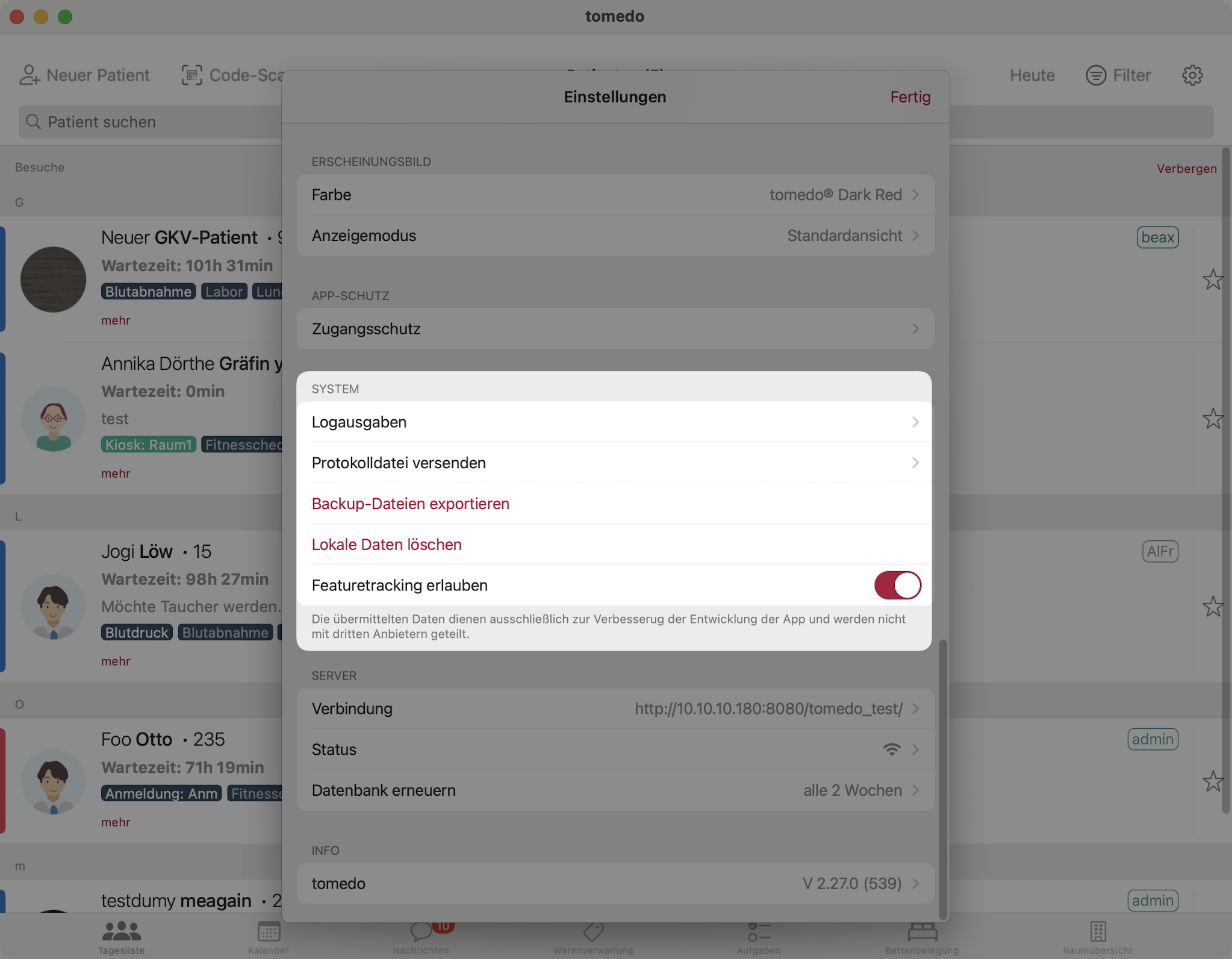 tomedo handbuch ios tagesliste einstellungen system