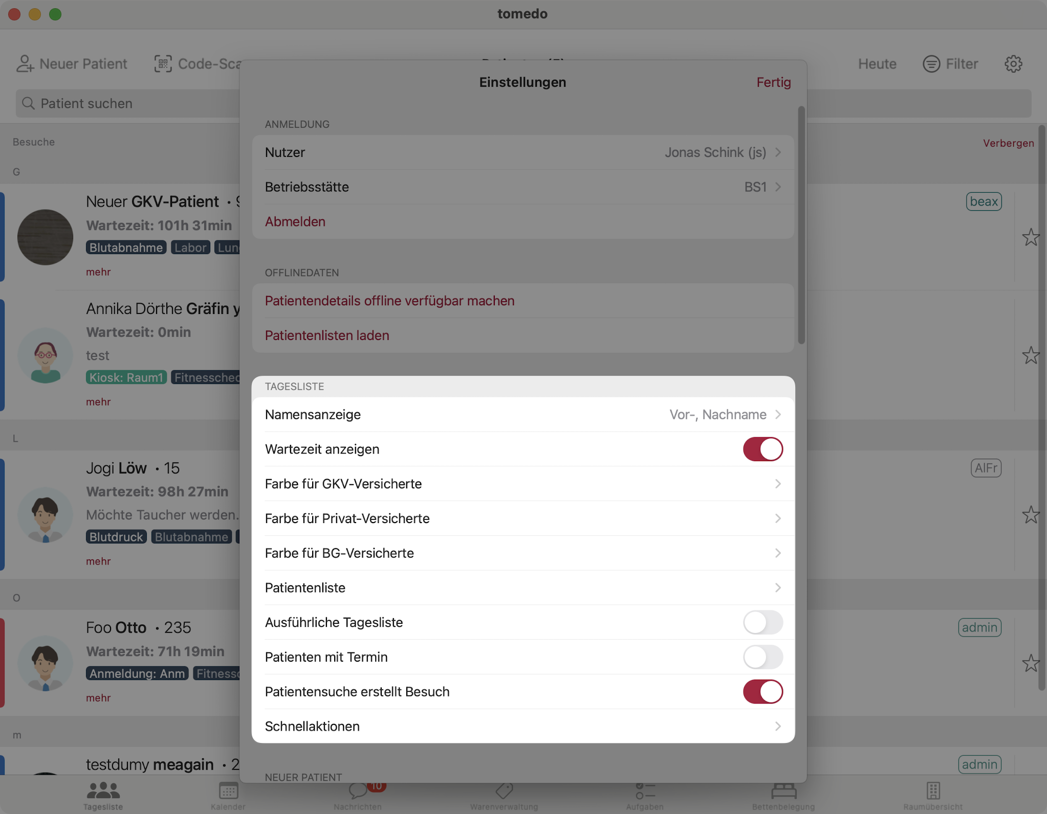 tomedo handbuch ios tagesliste einstellungen tagesliste