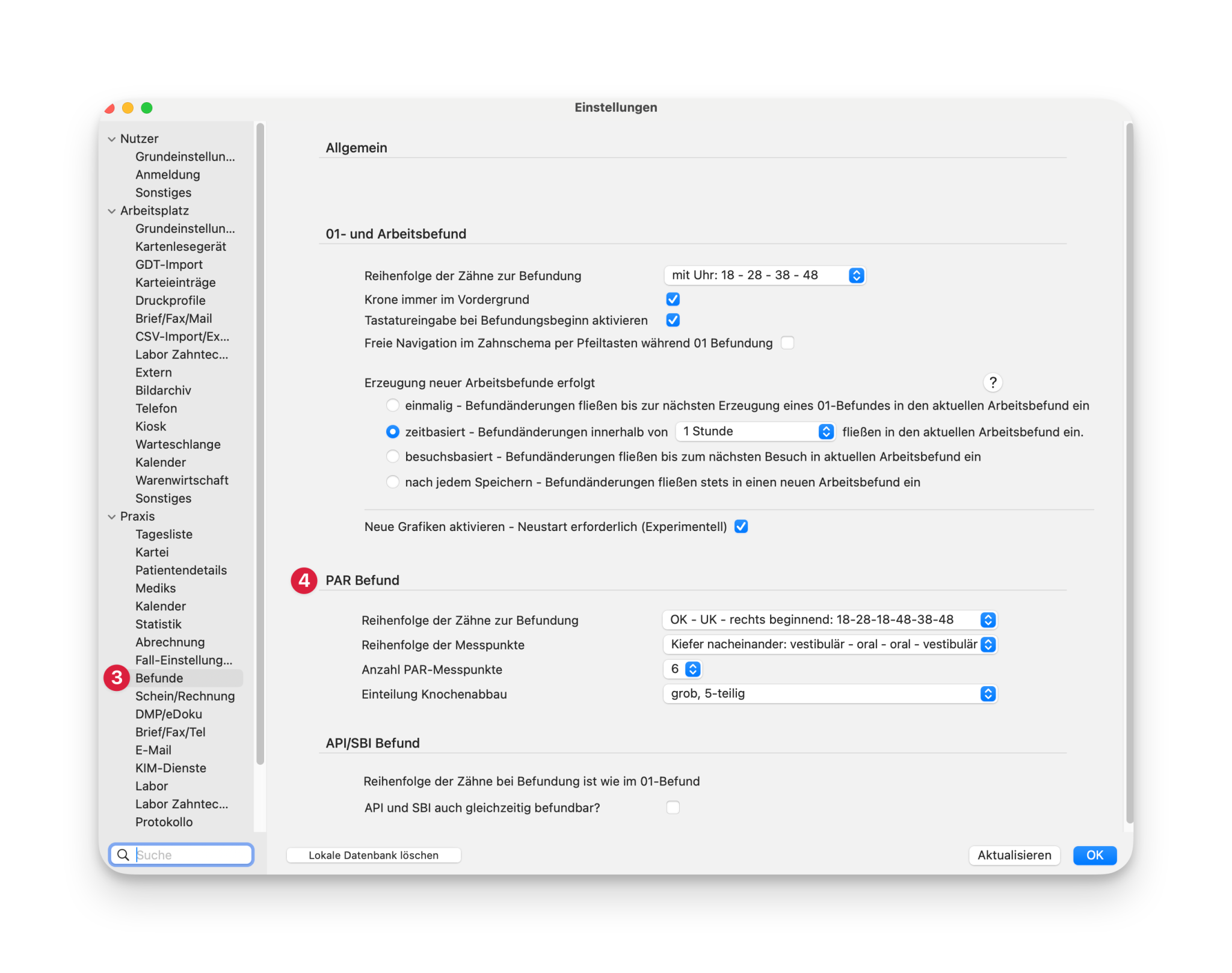 tomedo handbuch Fachgruppen Dental Befundung PAR Befund Einstellungen Befunde 1