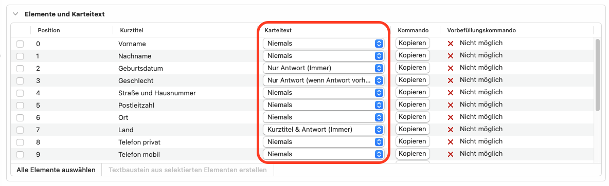 Patientenformulare Einstellungen