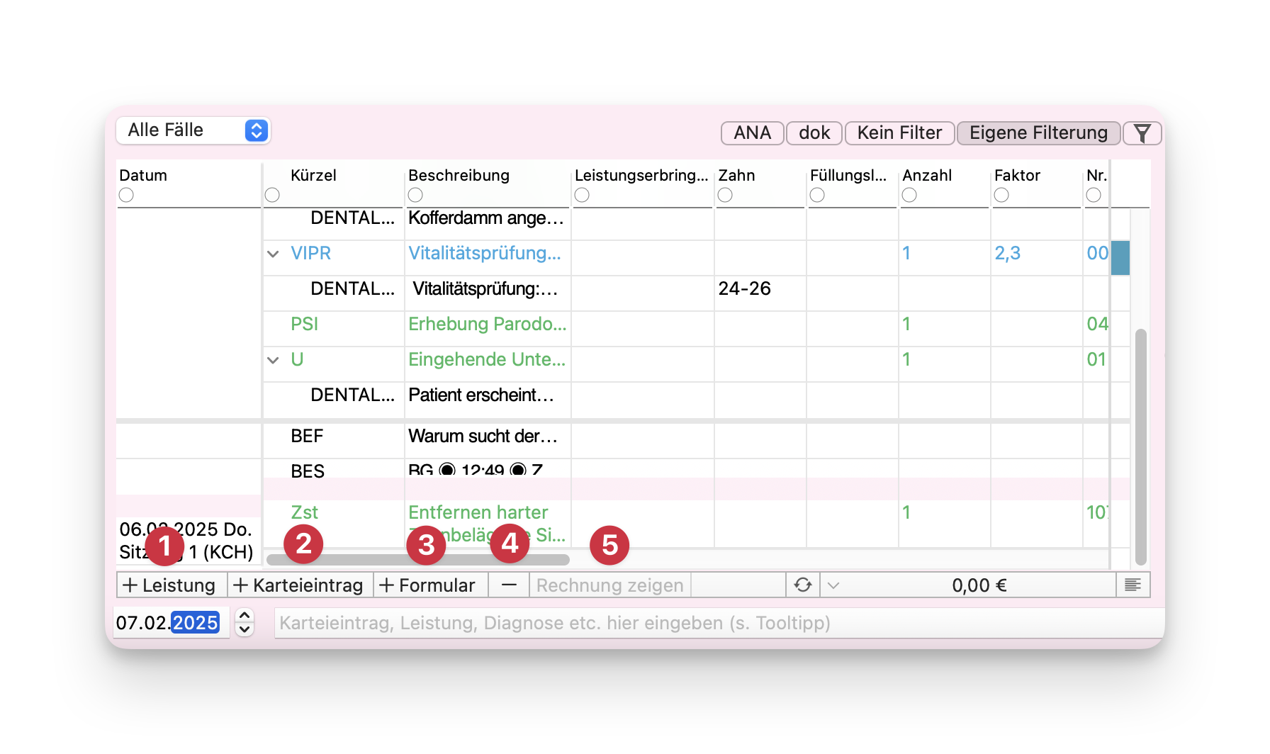 tomedo handbuch Fachgruppen Dental Kartei Doku Uebersicht Leistung 3