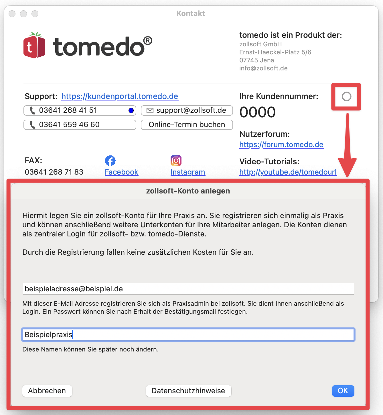 tomedo handbuch changelog 152 zollsoft Konto anlegen