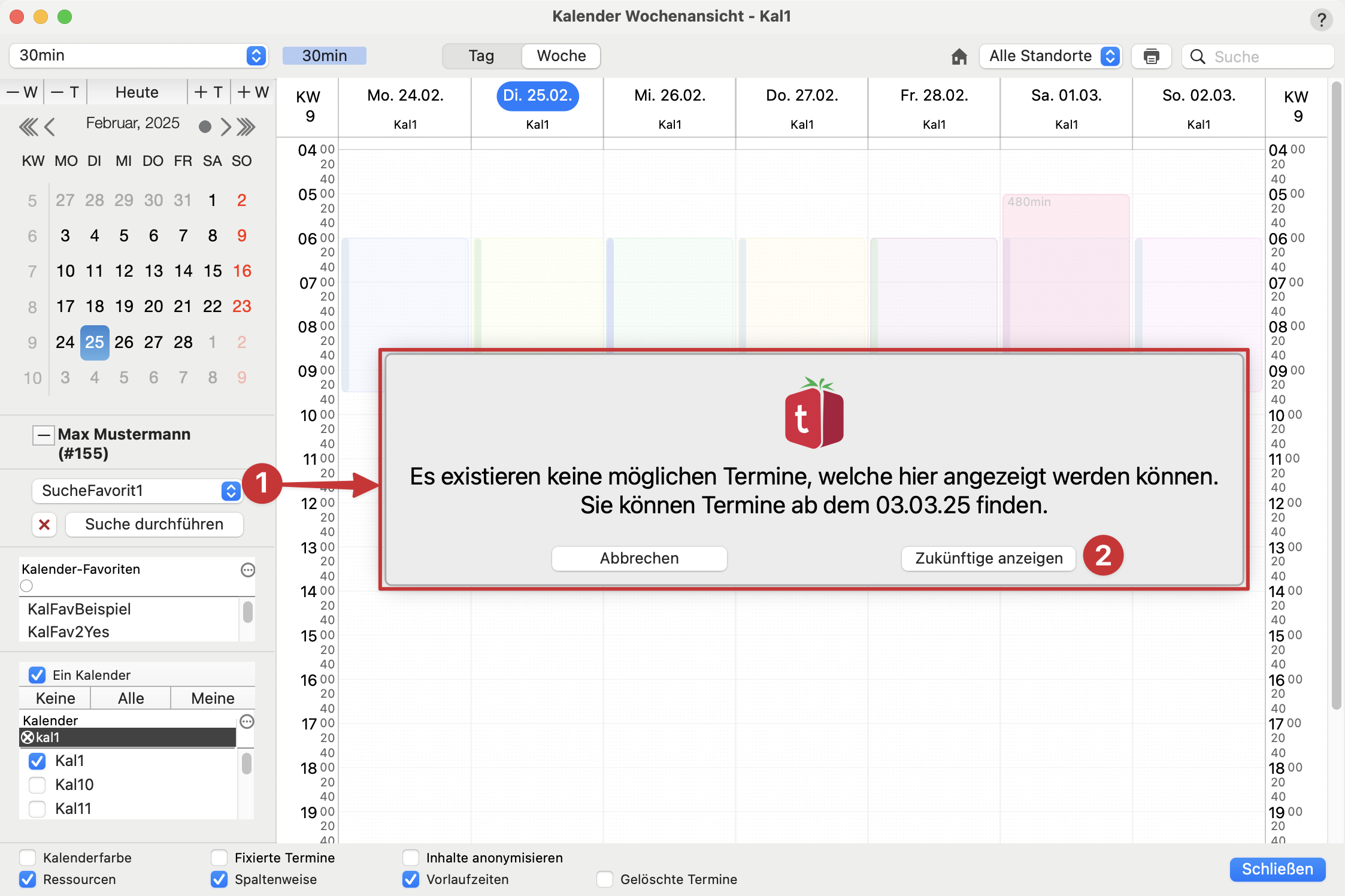 tomedo handbuch kalender kalenderfenster visuelle terminsuche keine ergebnisse