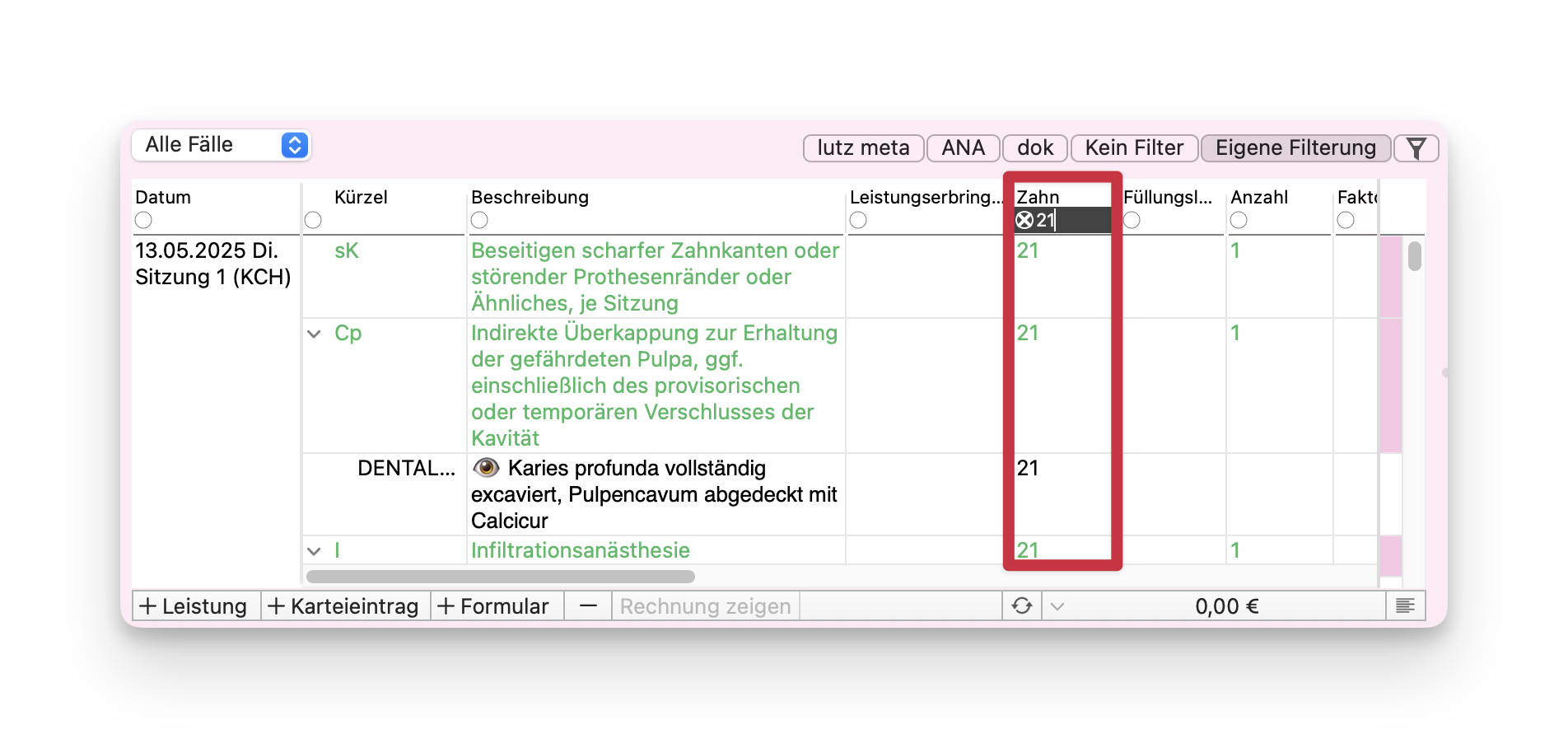 tomedo handbuch Fachgruppen Dental Kartei Doku Uebersicht Filter Beispiel