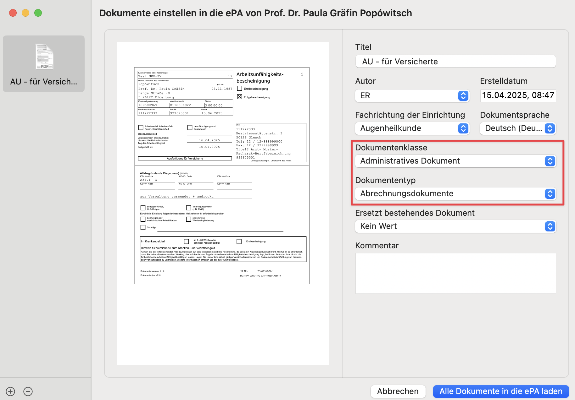 tomedo handbuch eau upload metadatenfenster