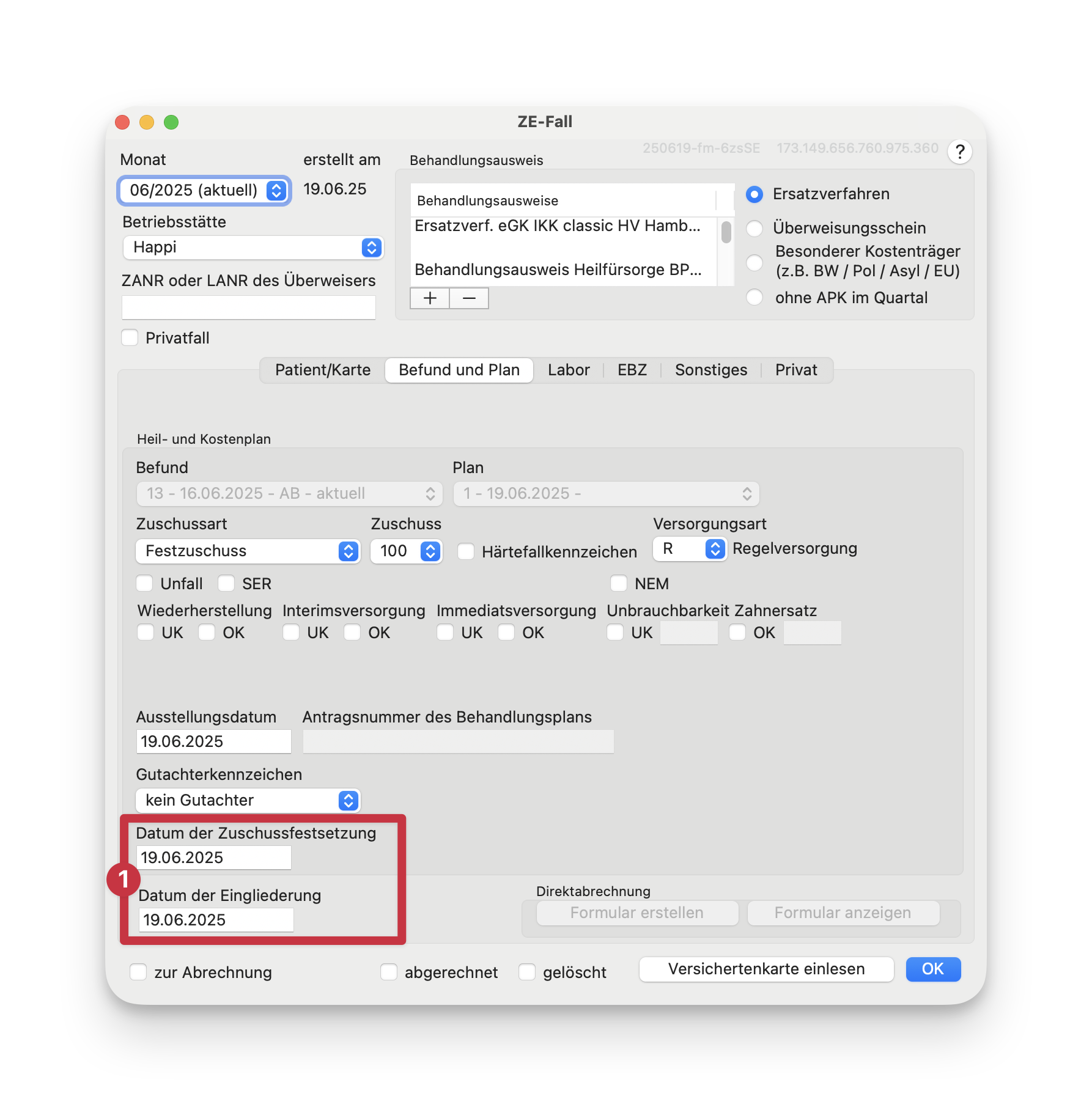 tomedo handbuch Fachgruppen Dental ze fall befund und plan Eingliederung und Zuschuss