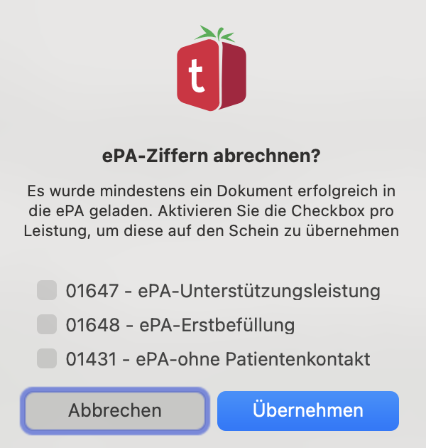 tomedo handbuch ePA Leistungen Abfrage Dialog
