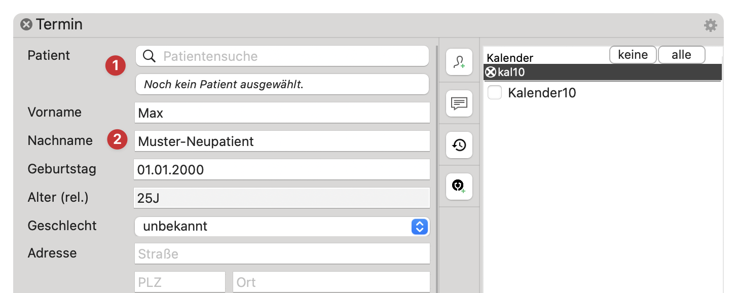 tomedo handbuch kalender terminlimit termindetails popover bestandspatient neupatient
