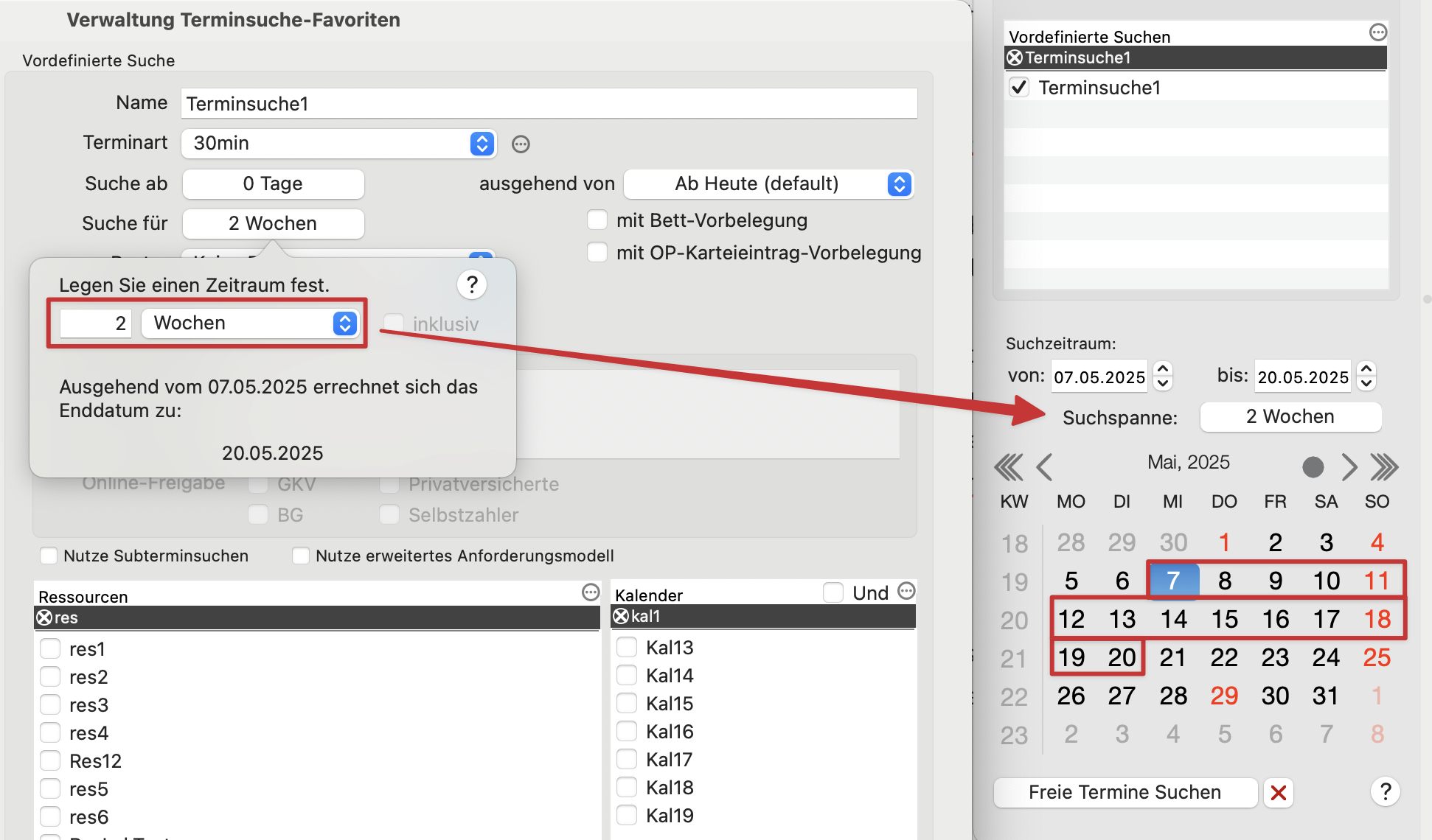 tomedo handbuch kalender terminsuche favoriten verwaltung suchspanne 2 wochen