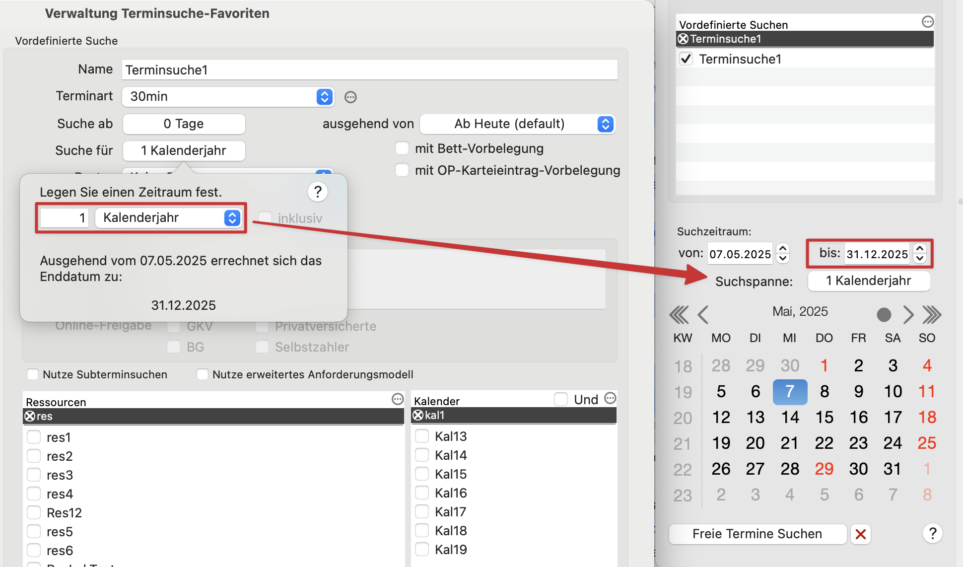 tomedo handbuch kalender terminsuche favoriten verwaltung suchzeitraum kalenderjahr