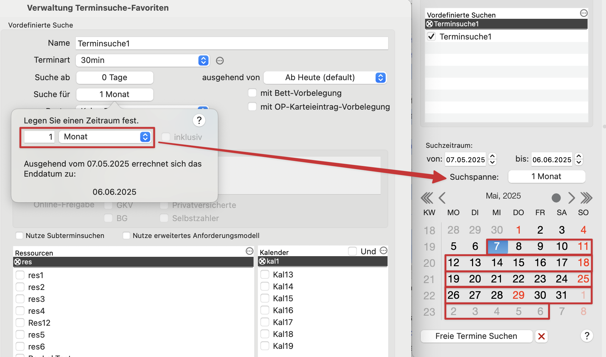 tomedo handbuch kalender terminsuche favoriten verwaltung suchzeitraum monat