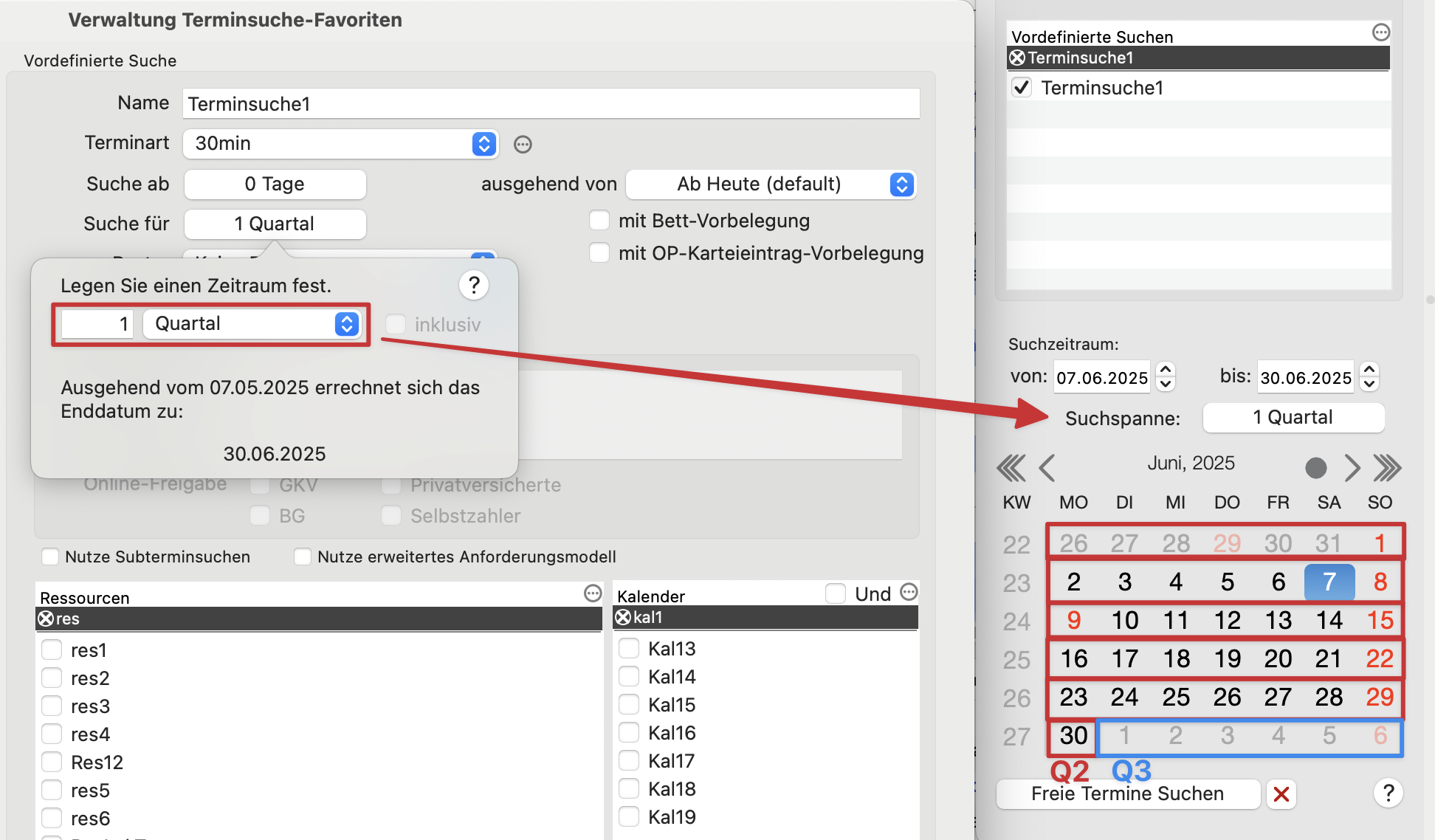 tomedo handbuch kalender terminsuche favoriten verwaltung suchzeitraum quartal