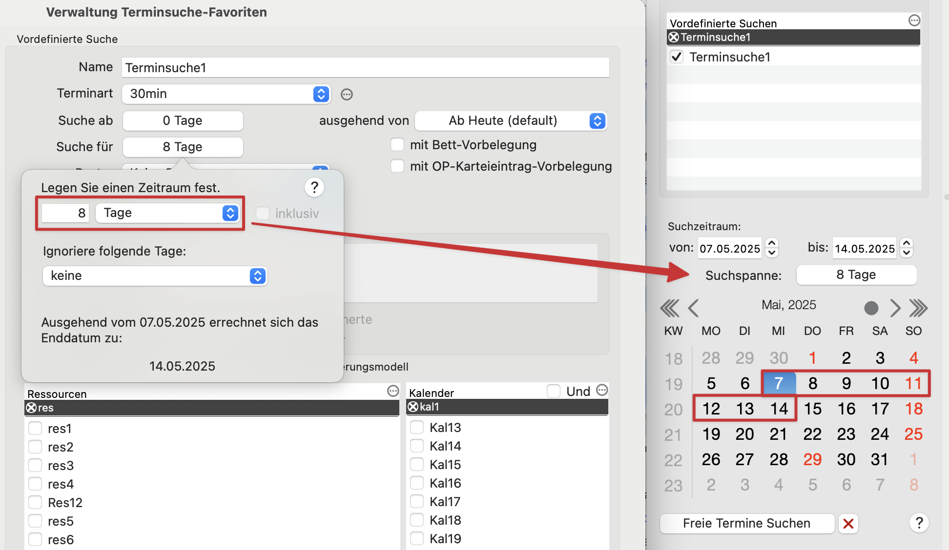 tomedo handbuch kalender terminsuche favoriten verwaltung terminsuche zeitraum exakte anzahl tage