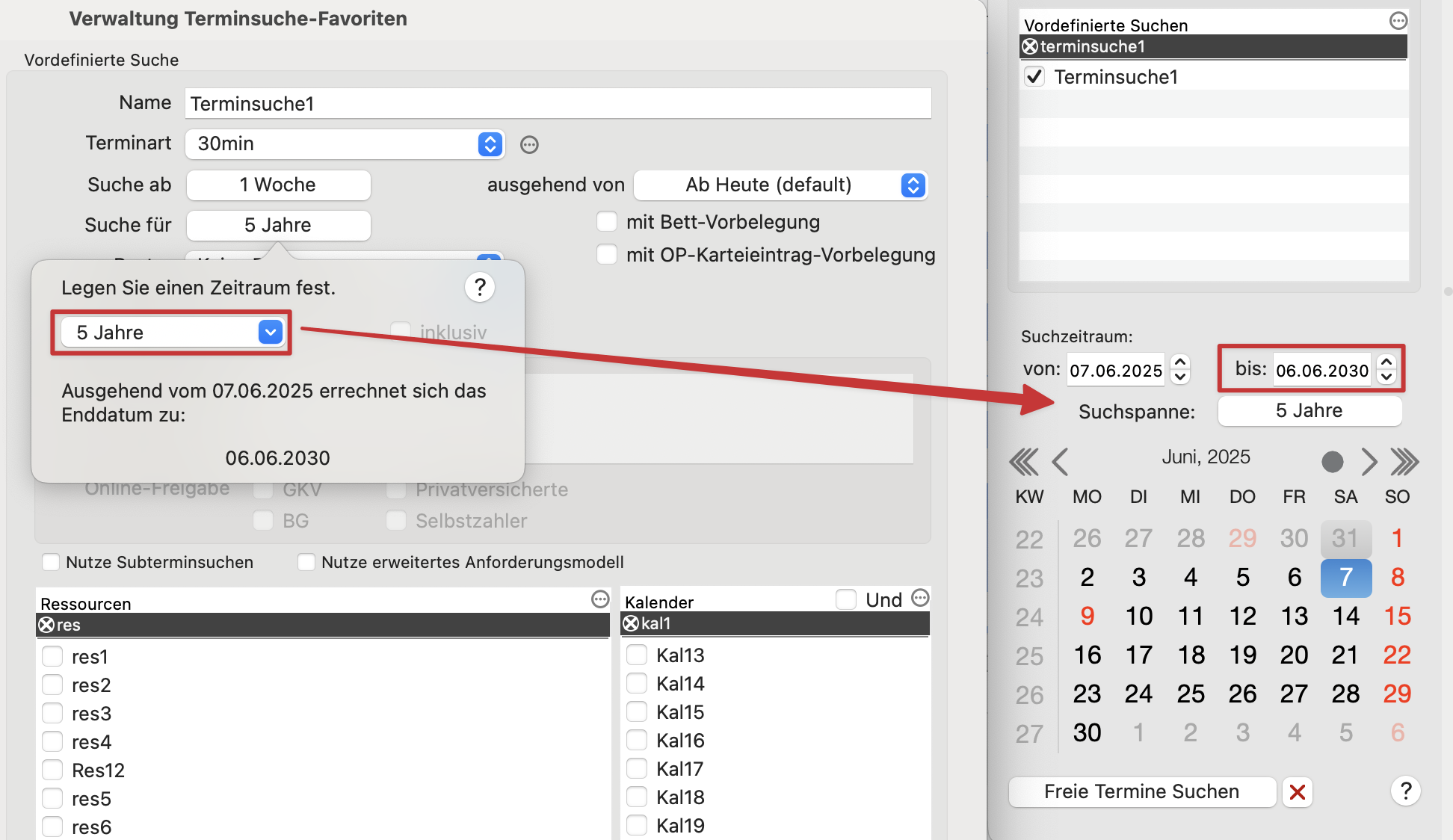 tomedo handbuch kalender terminsuche verwaltung terminsuche zeitraeume popover jahre