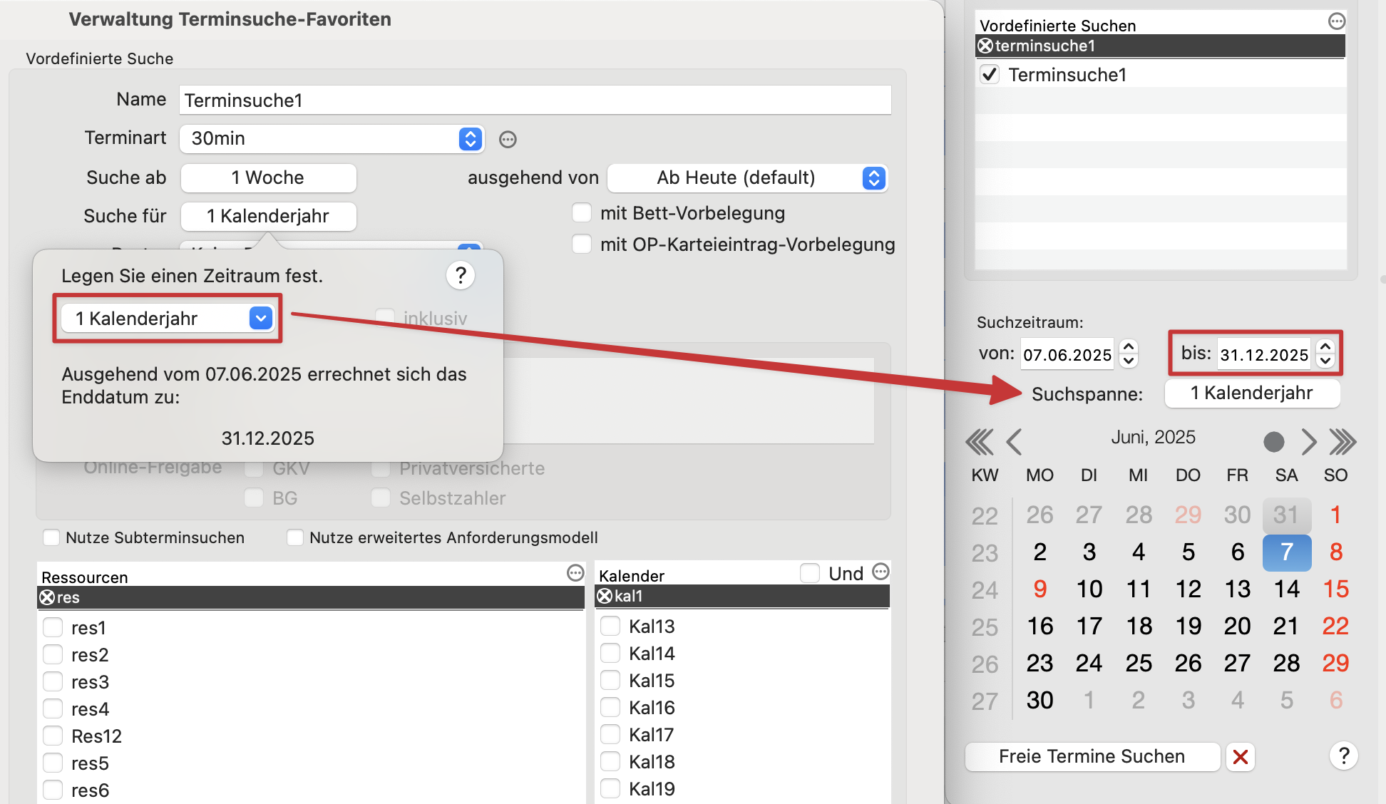 tomedo handbuch kalender terminsuche verwaltung terminsuche zeitraeume popover kalenderjahre