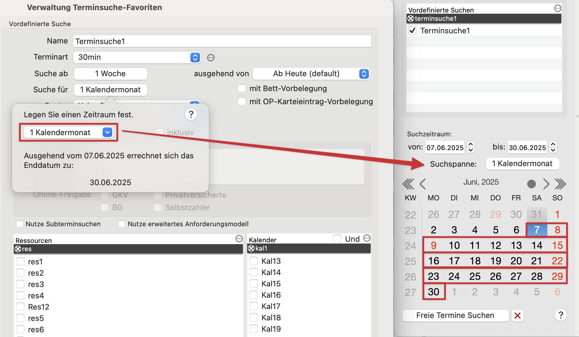 tomedo handbuch kalender terminsuche verwaltung terminsuche zeitraeume popover kalendermonate