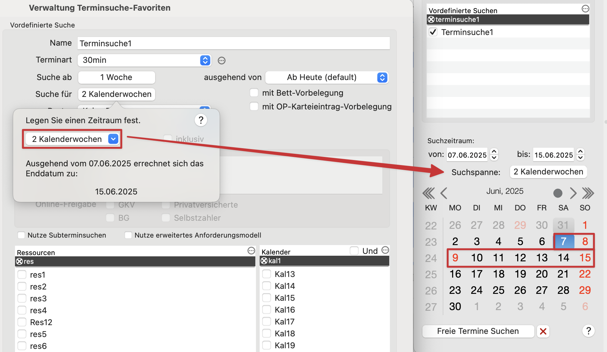 tomedo handbuch kalender terminsuche verwaltung terminsuche zeitraeume popover kalenderwochen