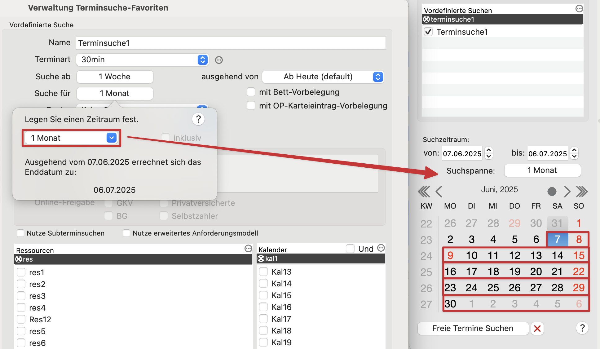 tomedo handbuch kalender terminsuche verwaltung terminsuche zeitraeume popover monate