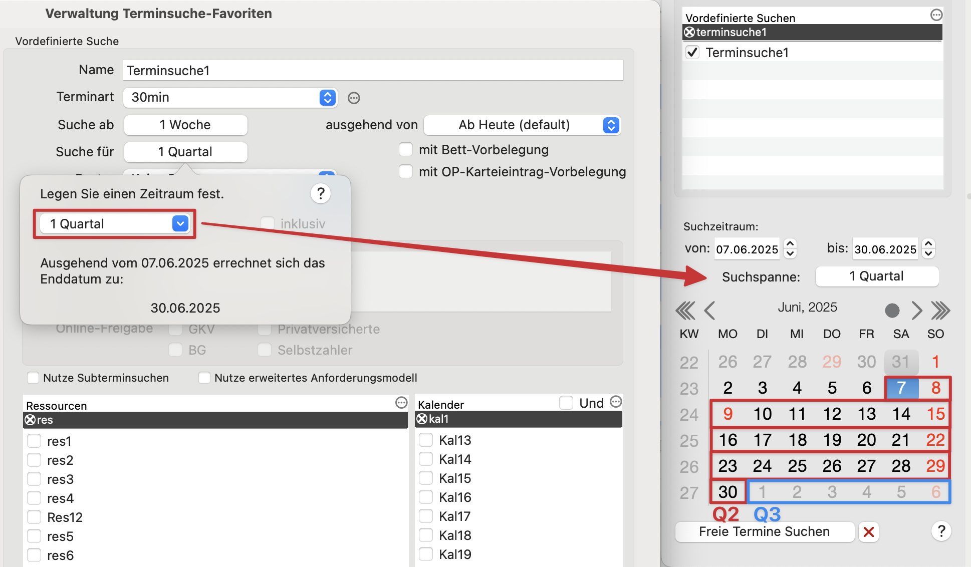 tomedo handbuch kalender terminsuche verwaltung terminsuche zeitraeume popover quartale