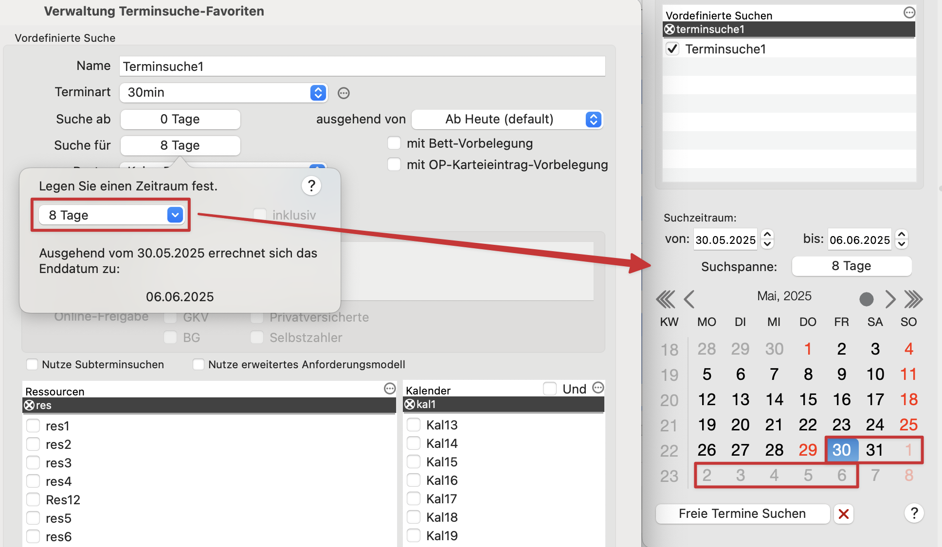 tomedo handbuch kalender terminsuche verwaltung terminsuche zeitraeume popover tage