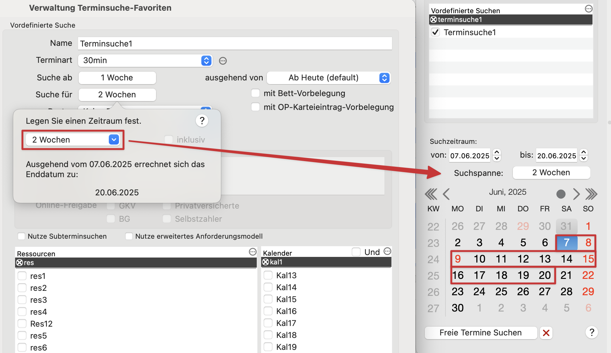tomedo handbuch kalender terminsuche verwaltung terminsuche zeitraeume popover wochen