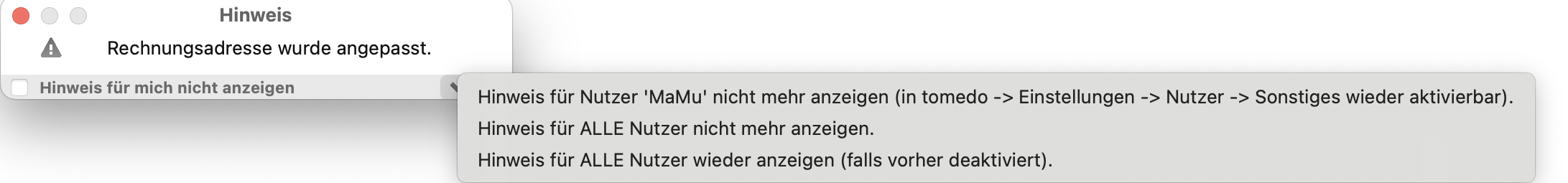 tomedo changelog 156 tipps hinweis ausblenden recht