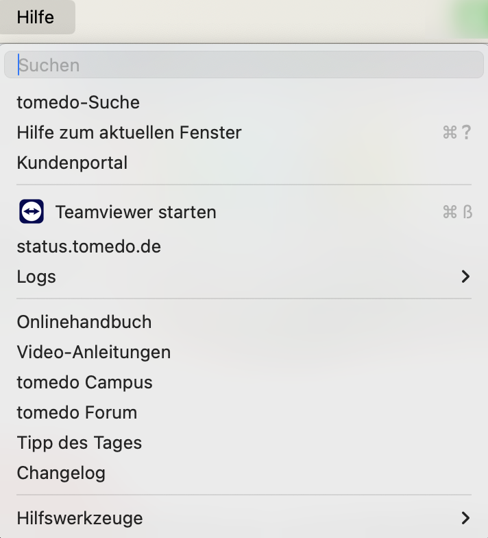 tomedo changelog 157 hilfe menue