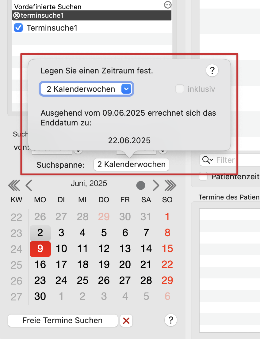 tomedo changelog kalender terminsuche fenster terminsuche zeitraeume popover