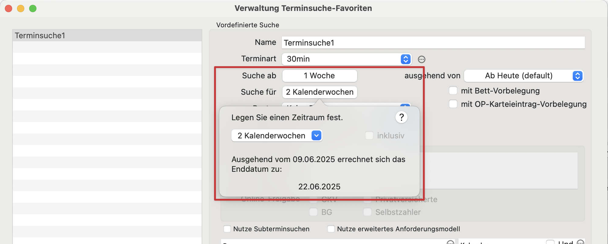 tomedo changelog kalender terminsuche verwaltung terminsuche zeitraeume popover