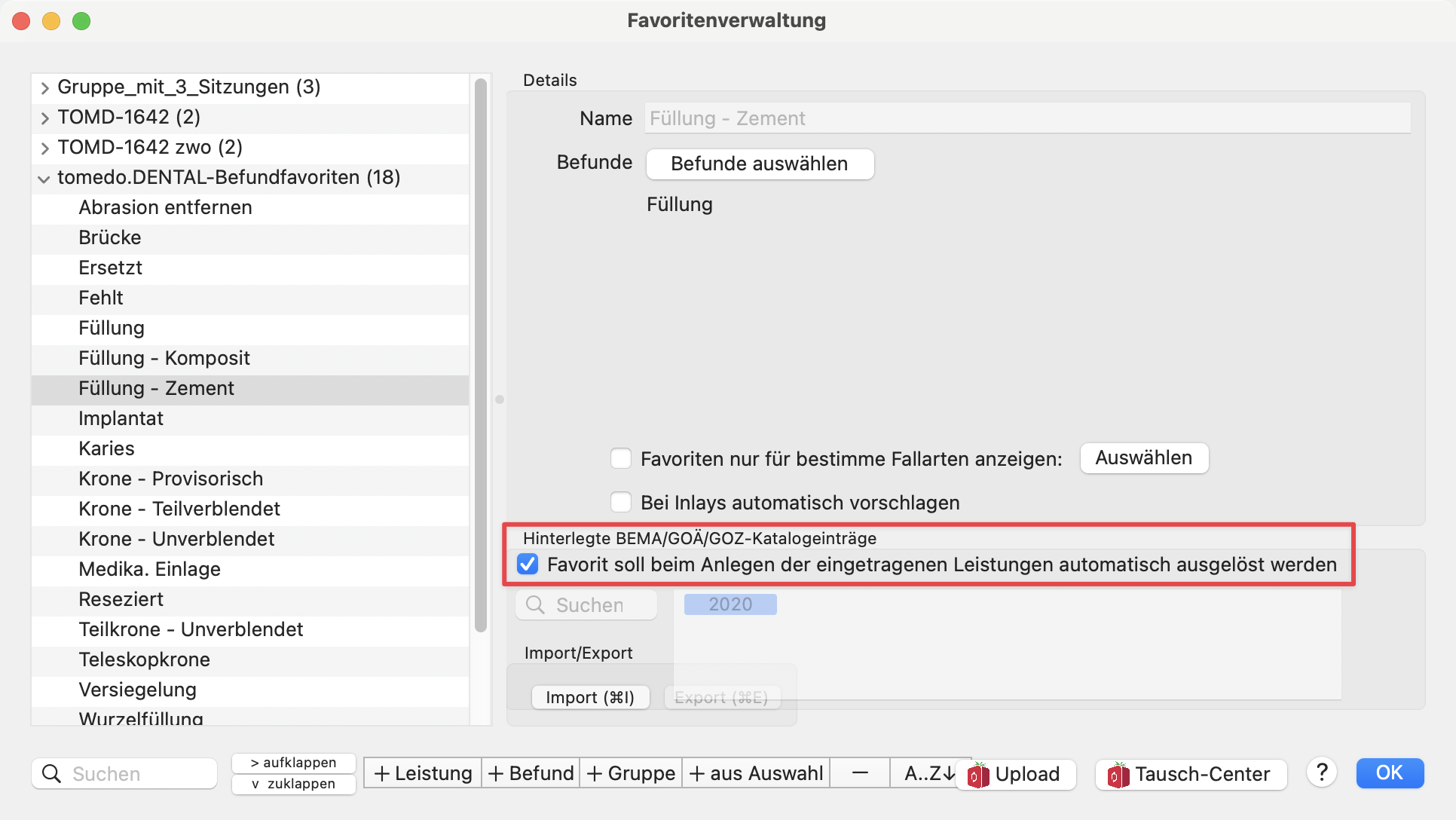 tomedo changelog v1 156 Favoriten automatisch anlegen