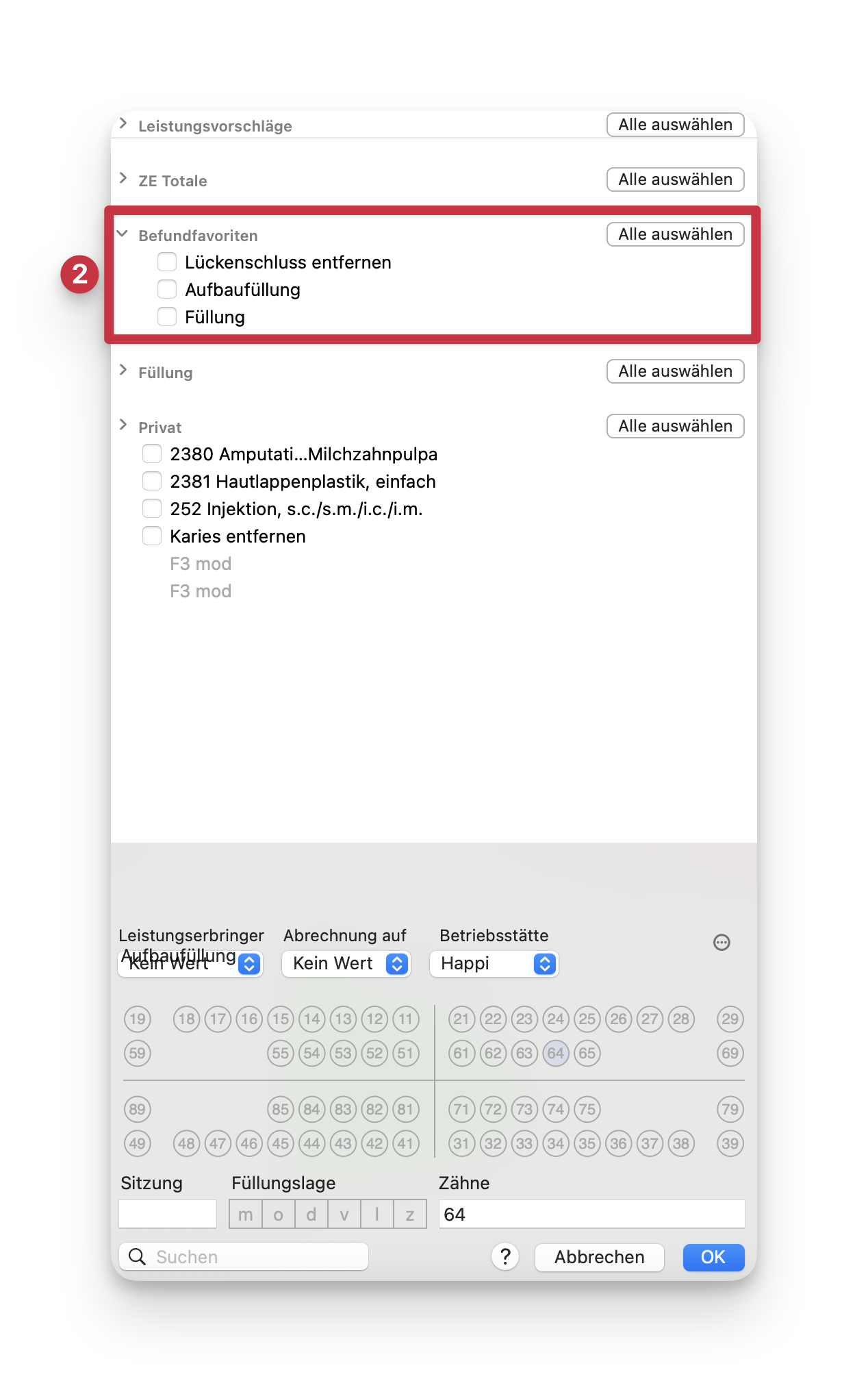 tomedo handbuch Fachgruppen Dental Befundfavoriten Favoriten Befundfavoriten