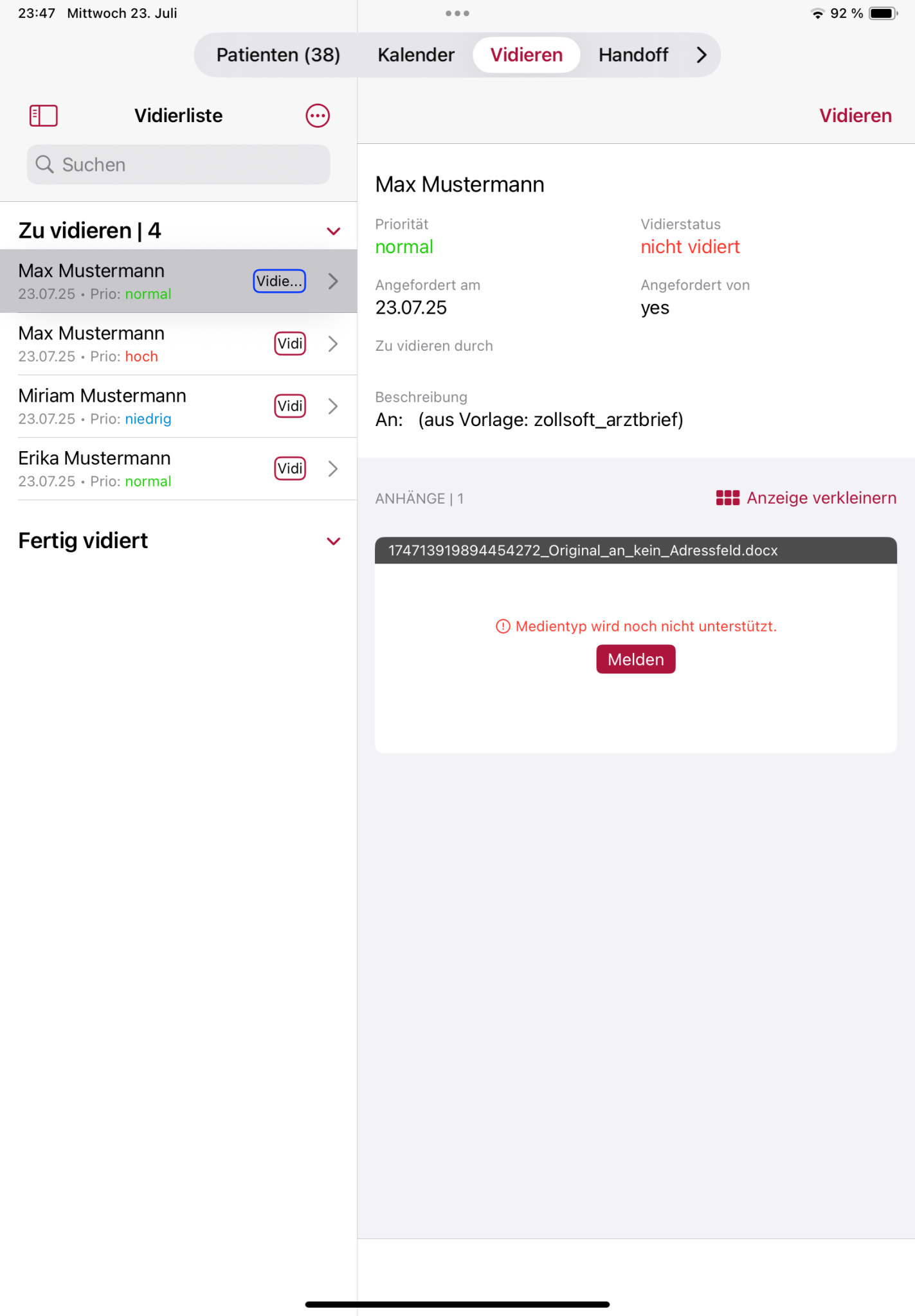 tomedo handbuch ios app vidierliste detailansicht nicht unterstuetzte mendientypen